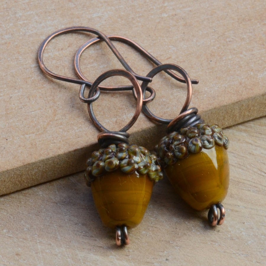 Handmade Copper Earrings with Brown Lampwork Glass Acorn Beads
