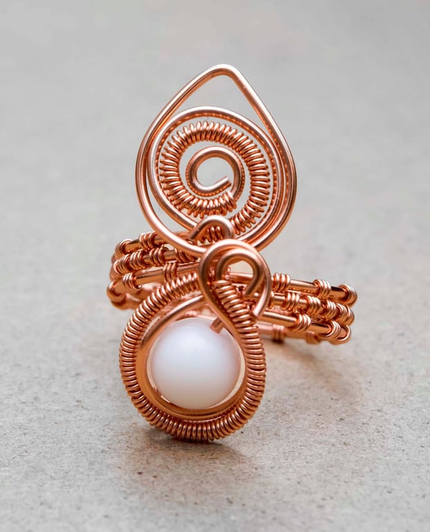 Wire wrapped copper ring ,White Jade copper ring-adjustable, wire wrapped copper