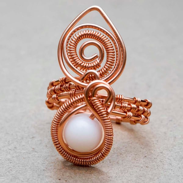 Wire wrapped copper ring ,White Jade copper ring-adjustable, wire wrapped copper