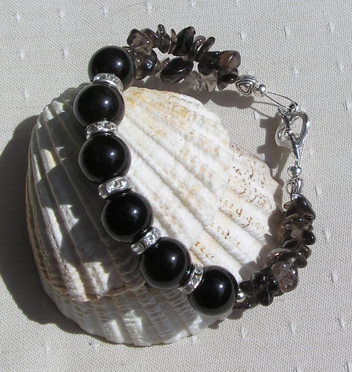 Golden Obsidian & Smoky Quartz Gemstone Crystal Beaded Chakra Bracelet "Odette"