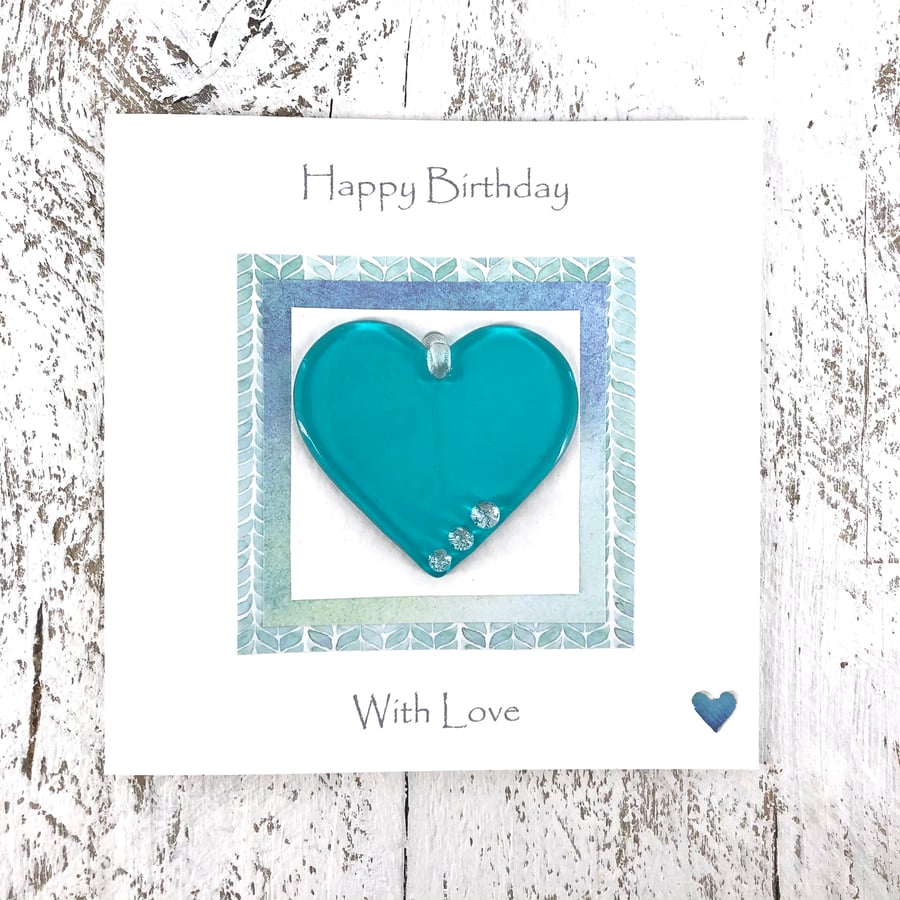 Birthday Card with Detachable Turquoise Glass Heart 