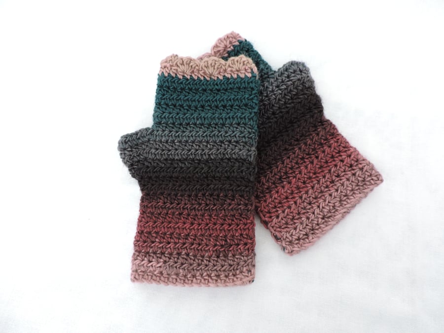 Crochet Fingerless Mitts Pink Rose Grey Charcoal Teal
