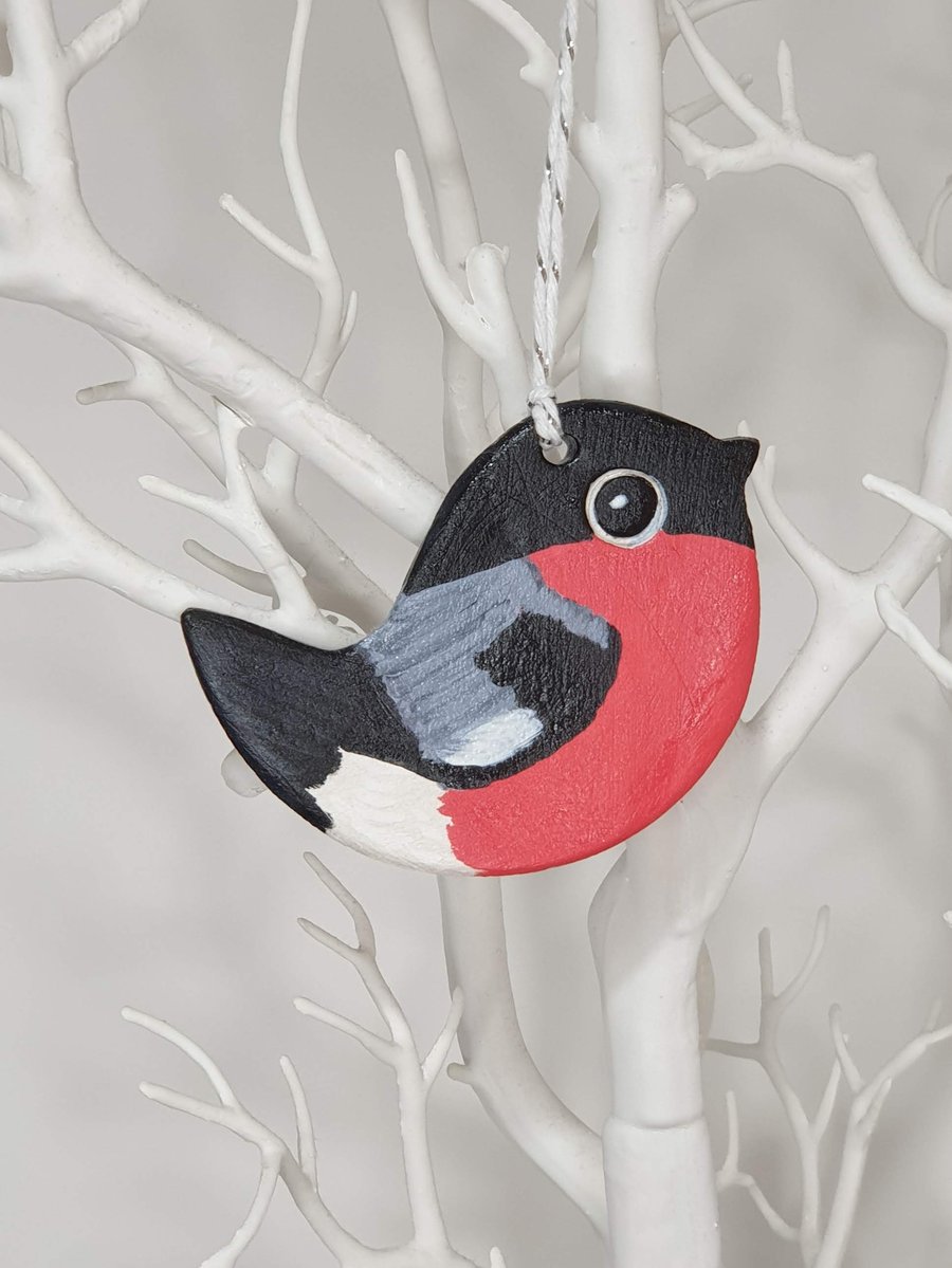 Bullfinch, bird hanging decoration, clay gift for a bird lover 