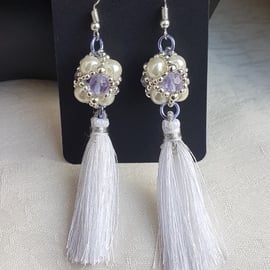 Gorgeous Beaded Bead Tassel Earrings - Ivory, White and Purple.