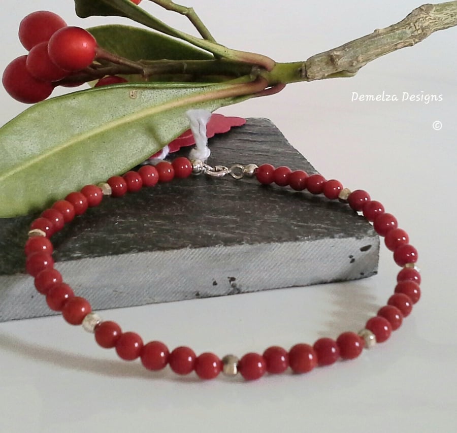 Dainty Eco Reclaimed Red Bamboo Coral Skinny Sterling Silver Stacker Bracelet
