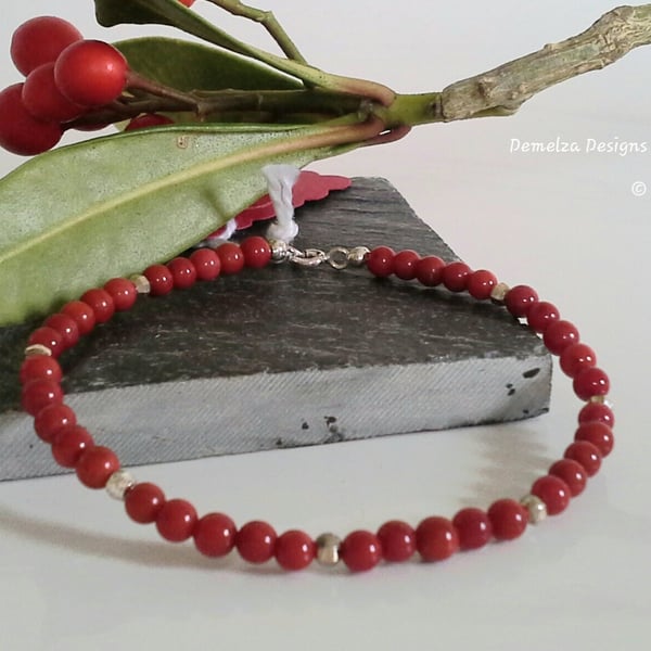 Dainty Eco Reclaimed Red Coral Skinny Sterling Silver Stacker Bracelet