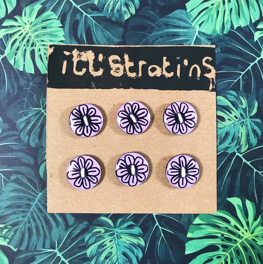 Set of 6 small Hand Painted Lilac Flower Buttons 