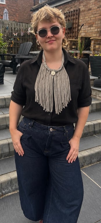 Upcycled Grey Boho Fringe Statement Necklace Scarf with Compass Pendant