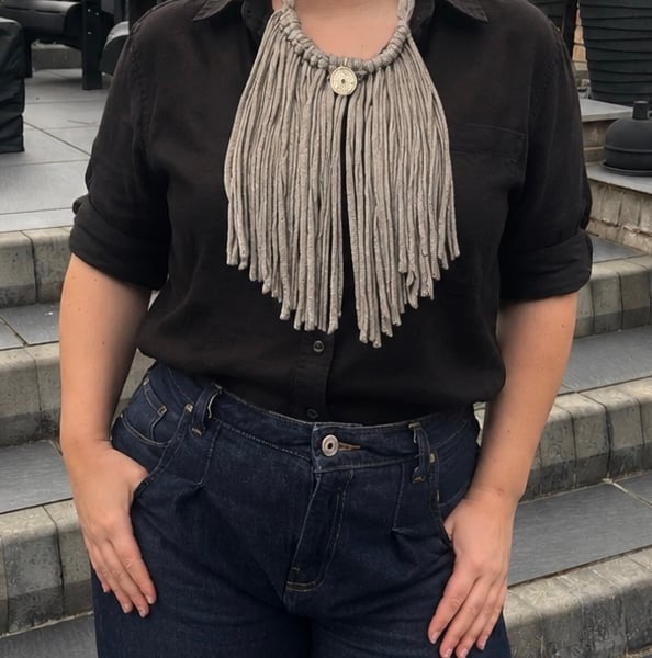 Upcycled Grey Boho Fringe Statement Necklace Scarf with Compass Pendant