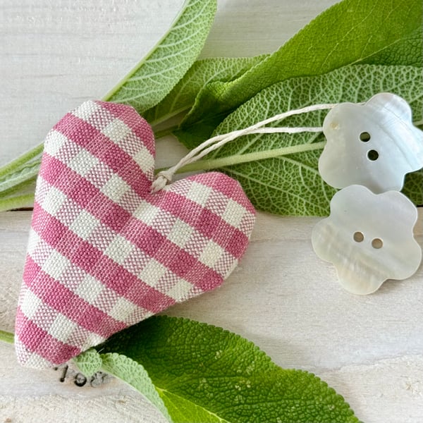 MINI HEART DECORATION - rose pink gingham checks, with lavender