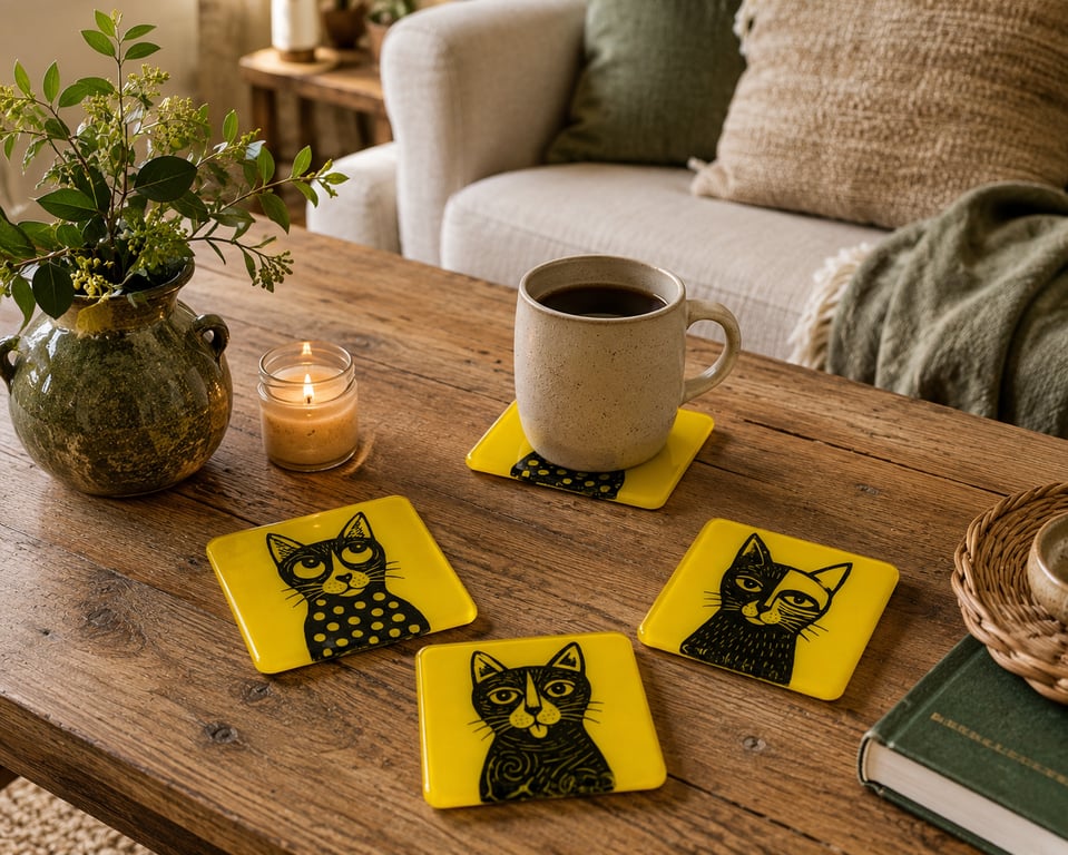 Handmade Fused Glass Cat Coasters Set of 4 