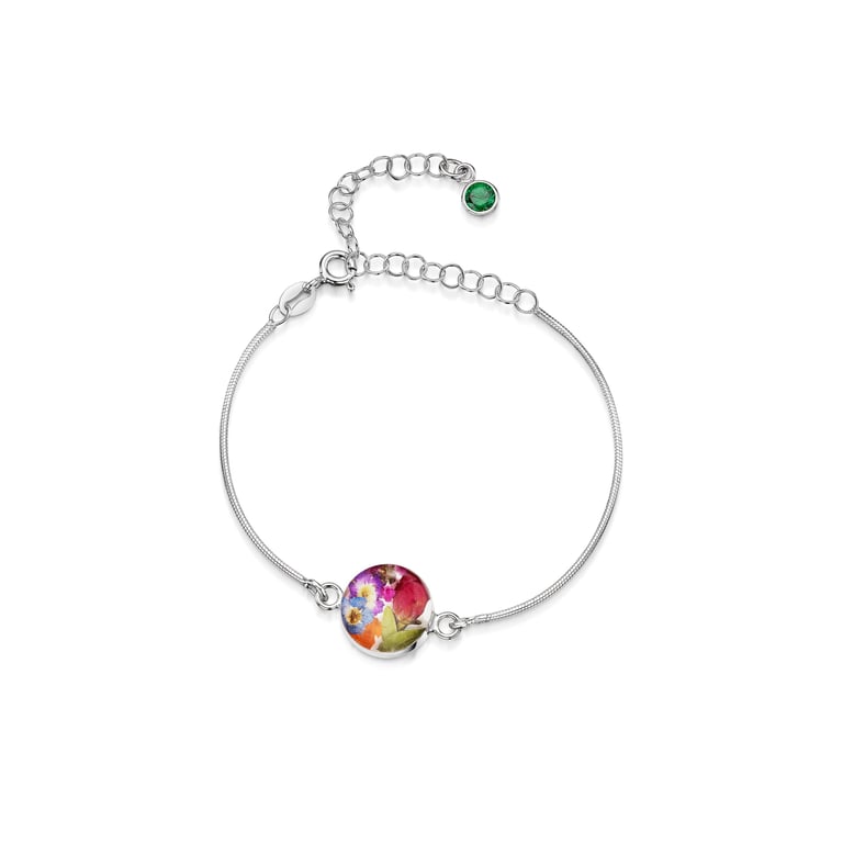 Sterling Silver Birthstone Bracelet with Real Flower Charm