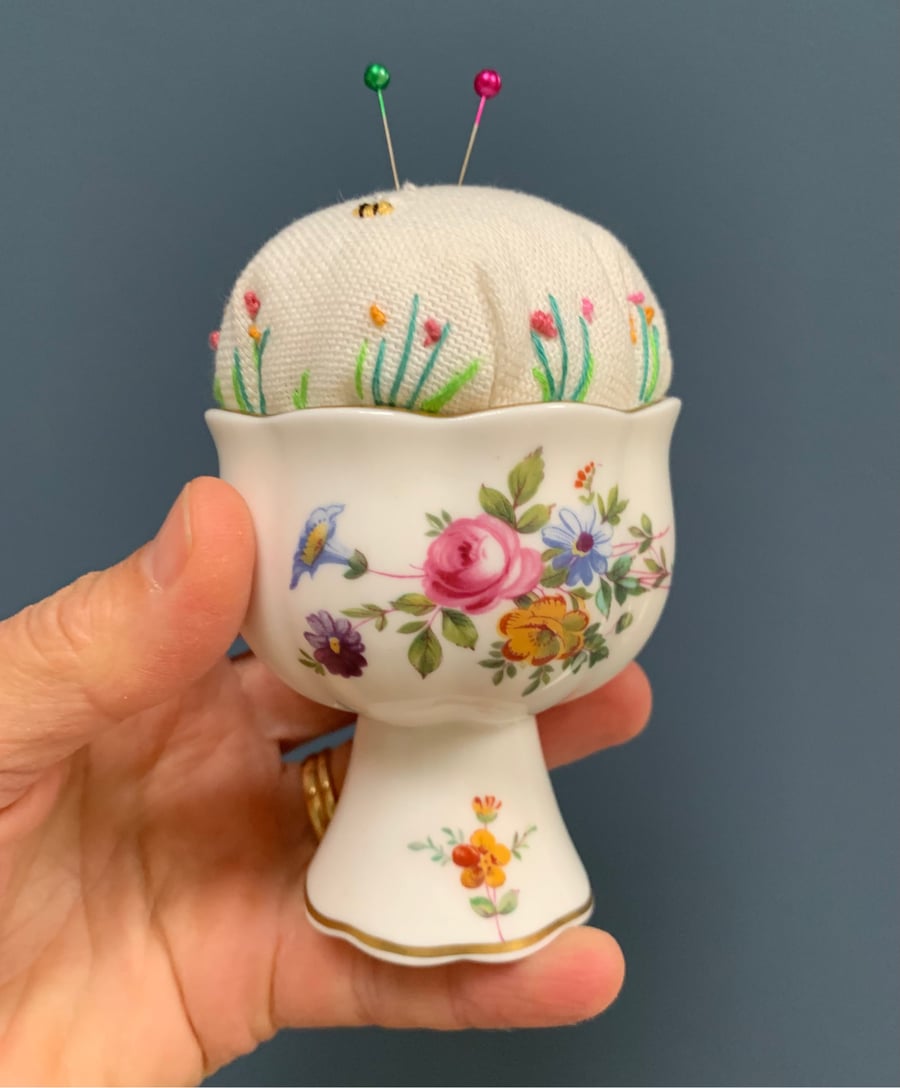 Minton vase embroidered pin cushion