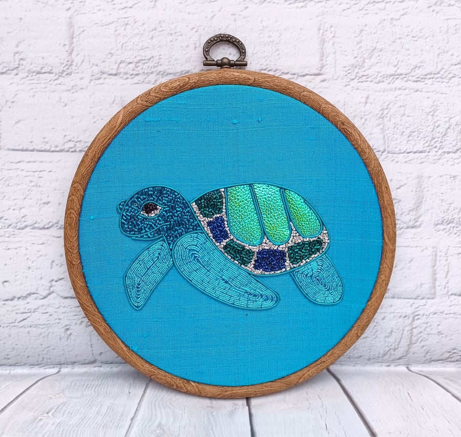 Handcrafted Goldwork Turtle Embroidery Hoop, Unique Decorative Wall Art, Turtle 
