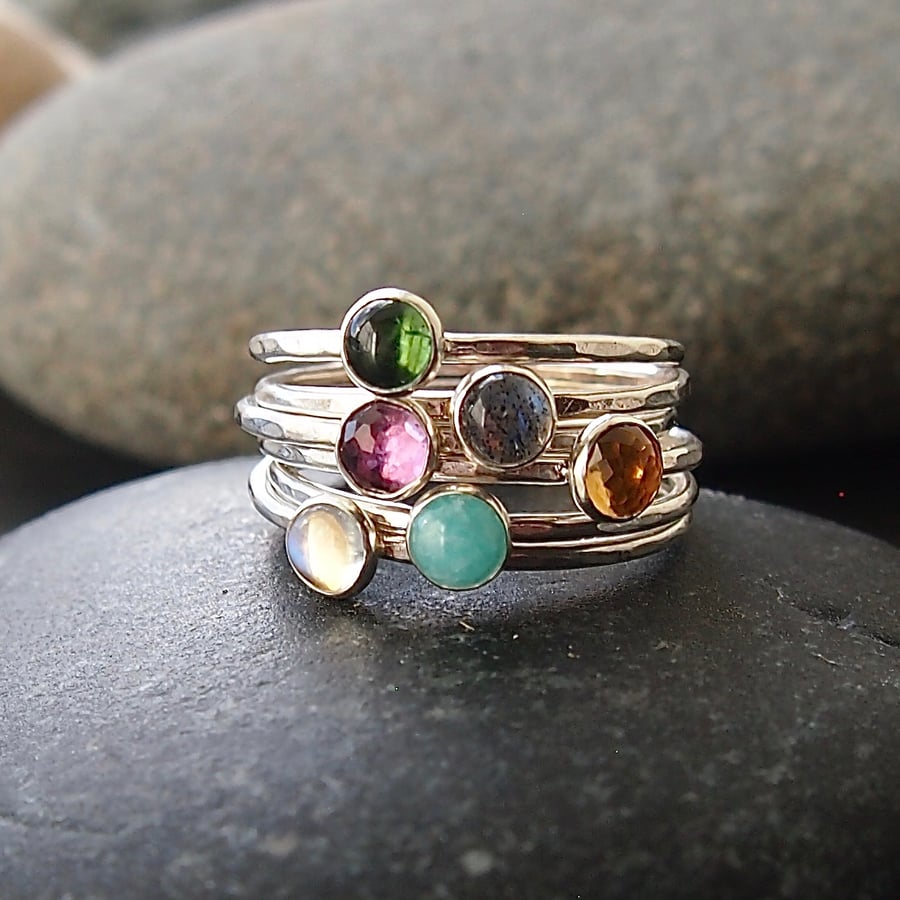 Sterling Silver Skinny Rings with Gemstones