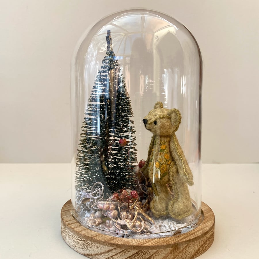 Miniature Christmas artist bear in cloche, glass dome display teddy bear 