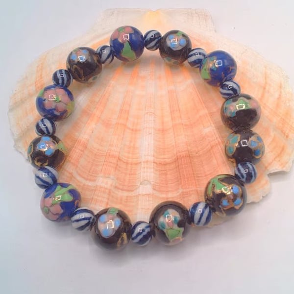 Floral Patterned Blue & Black Ceramic Bead Stretch Bracelet, Gift for Her