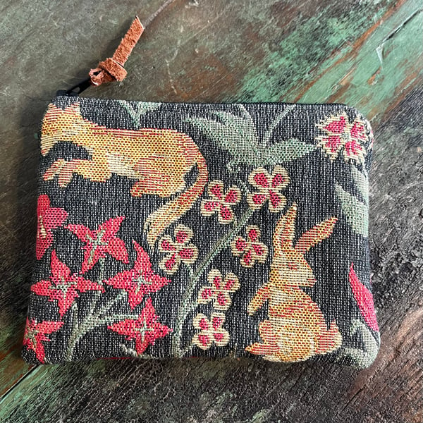Woodland tapestry coin purse with red cotton back and spotty lining zip pouch