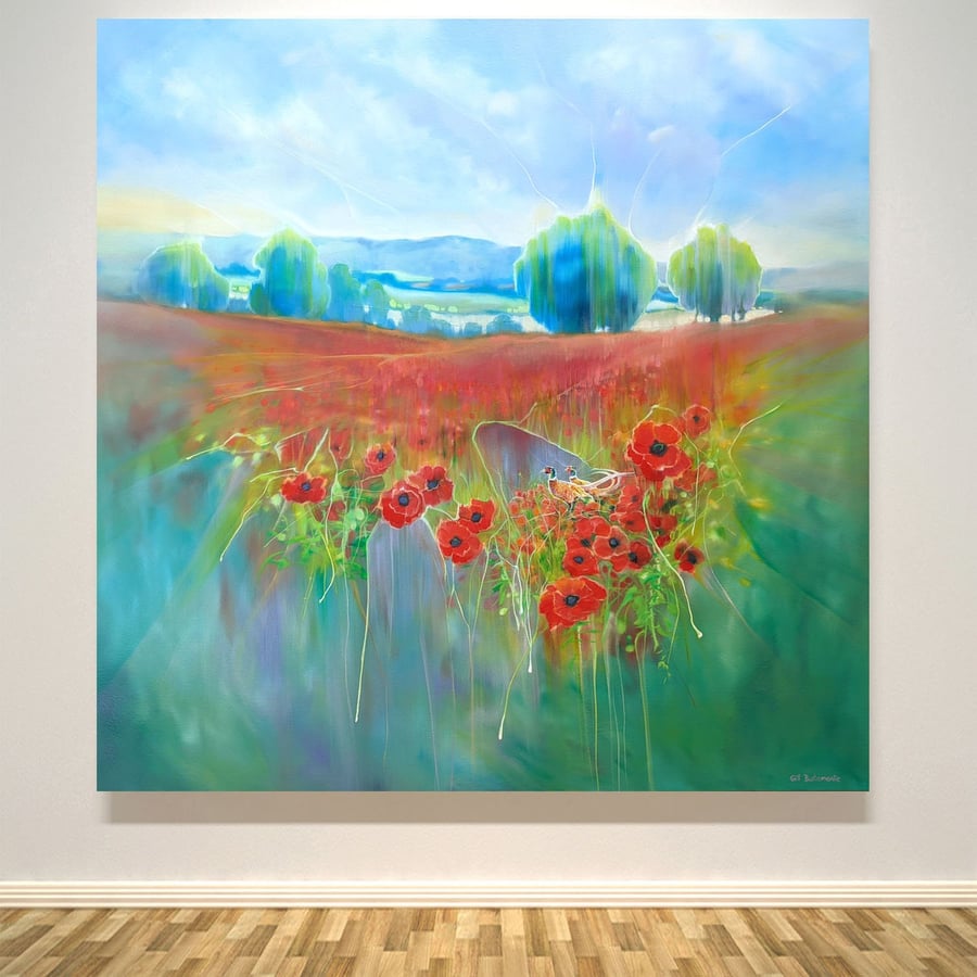 Beautiful England is an English countryside painting of pheasants and poppies