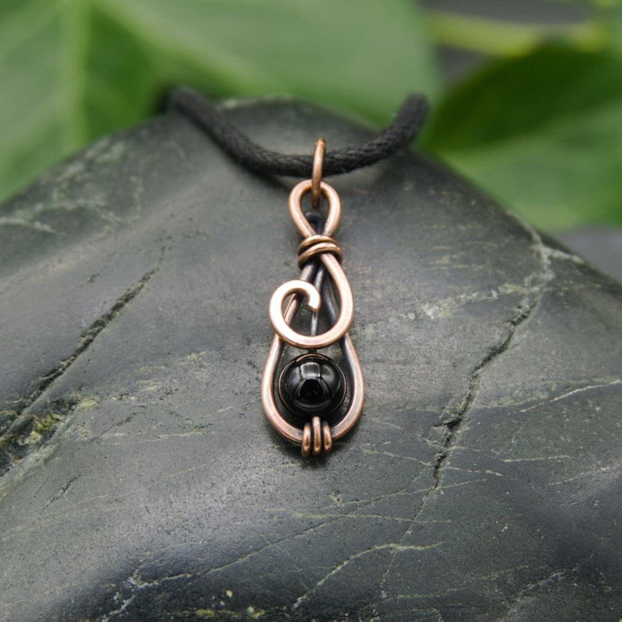 Hammered Copper Mini Spiral Pendant with Black Onyx bead