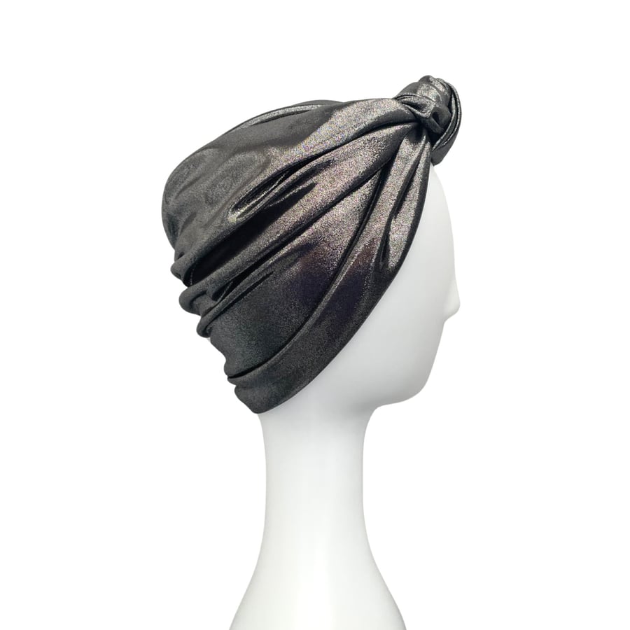 Silver Metallic Knotted Turban Hat, Full Women's Turban, Liquid Metal Fabric