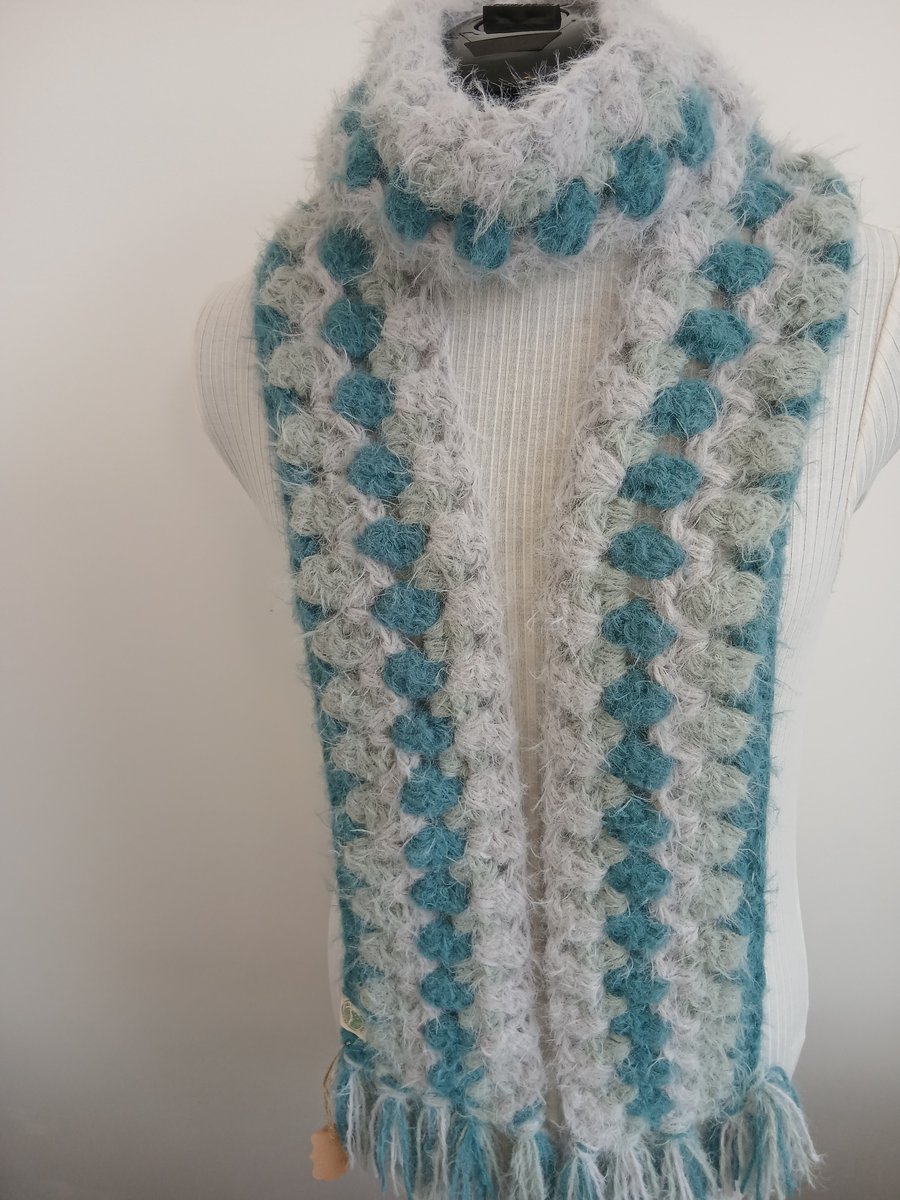 Hand crocheted green and grey cashmere tassel scarf