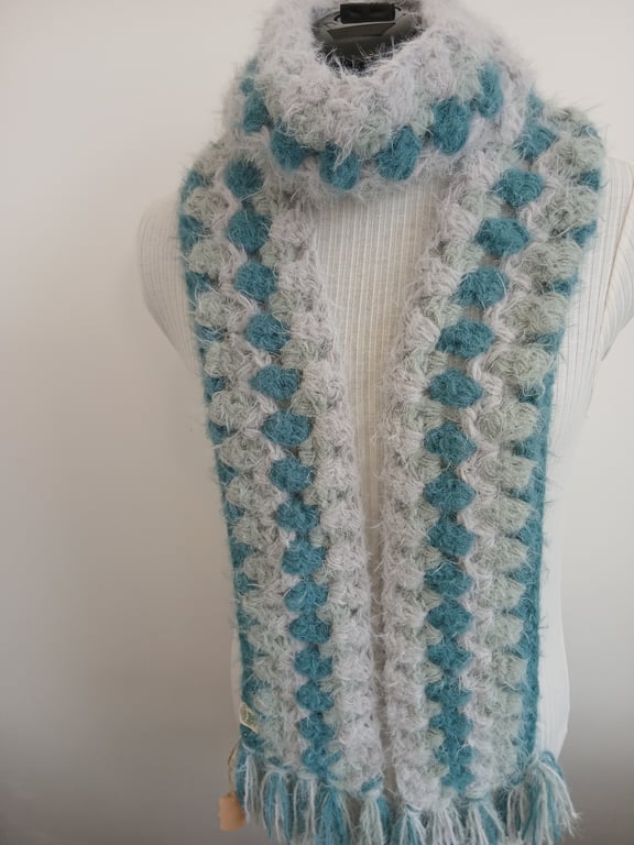 Hand crocheted green and grey cashmere tassel scarf