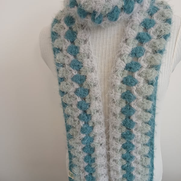 Hand crocheted green and grey cashmere tassel scarf