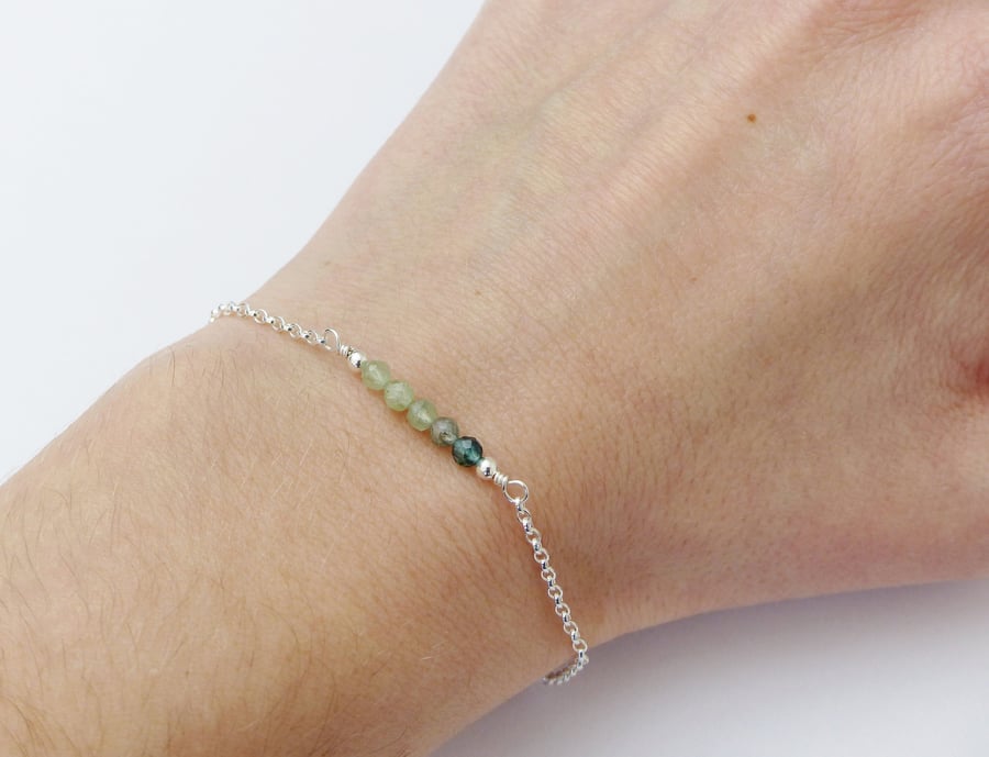 Green tourmaline sterling silver bracelet, October birthstone gift