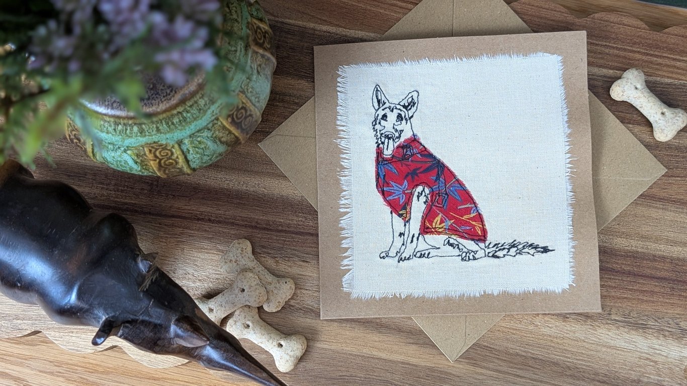 German Shepherd - handmade stitched dog, birthday card, greetings card