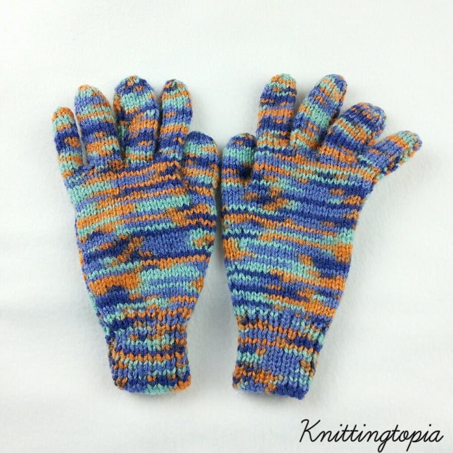 Hand knitted children's gloves in blue and orange mix
