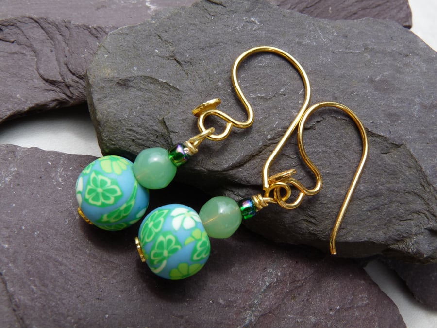 Green & Blue Flower Polymer Clay Beaded Earrings, Boho Festival Earrings 