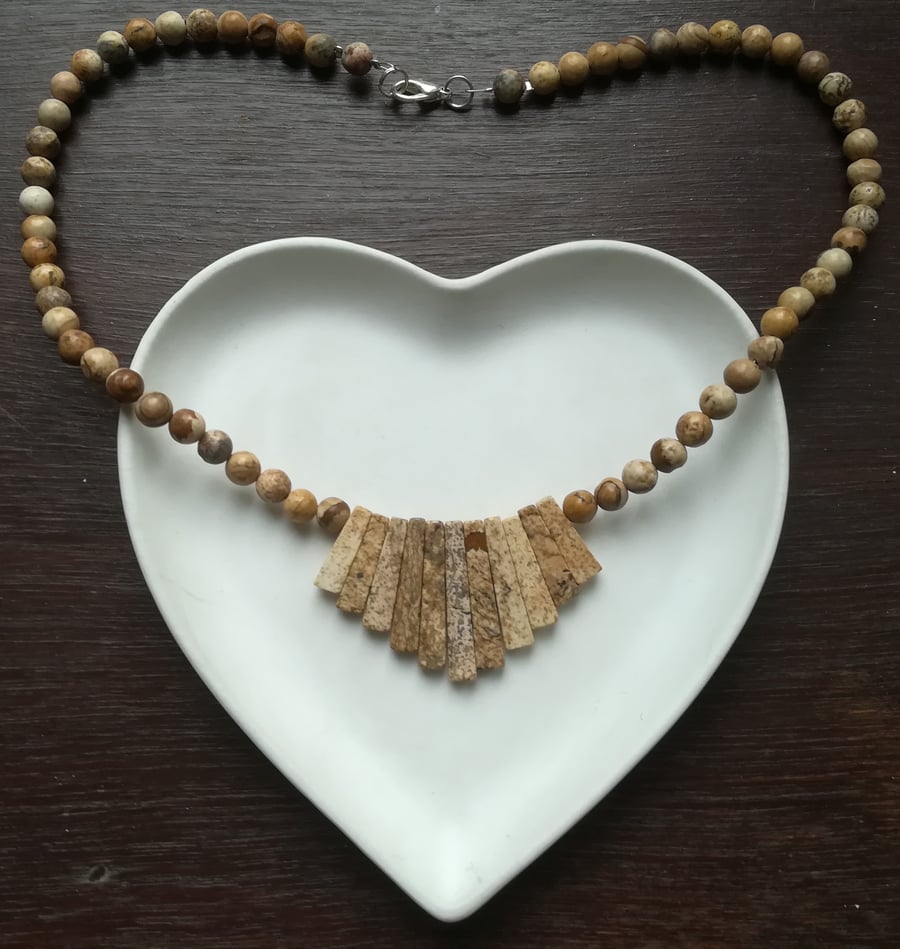 Necklace - Semi precious Picture Jasper stones, rectangular & round beads