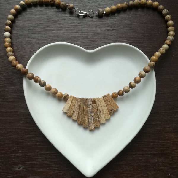 Necklace - Semi precious Picture Jasper stones, rectangular & round beads