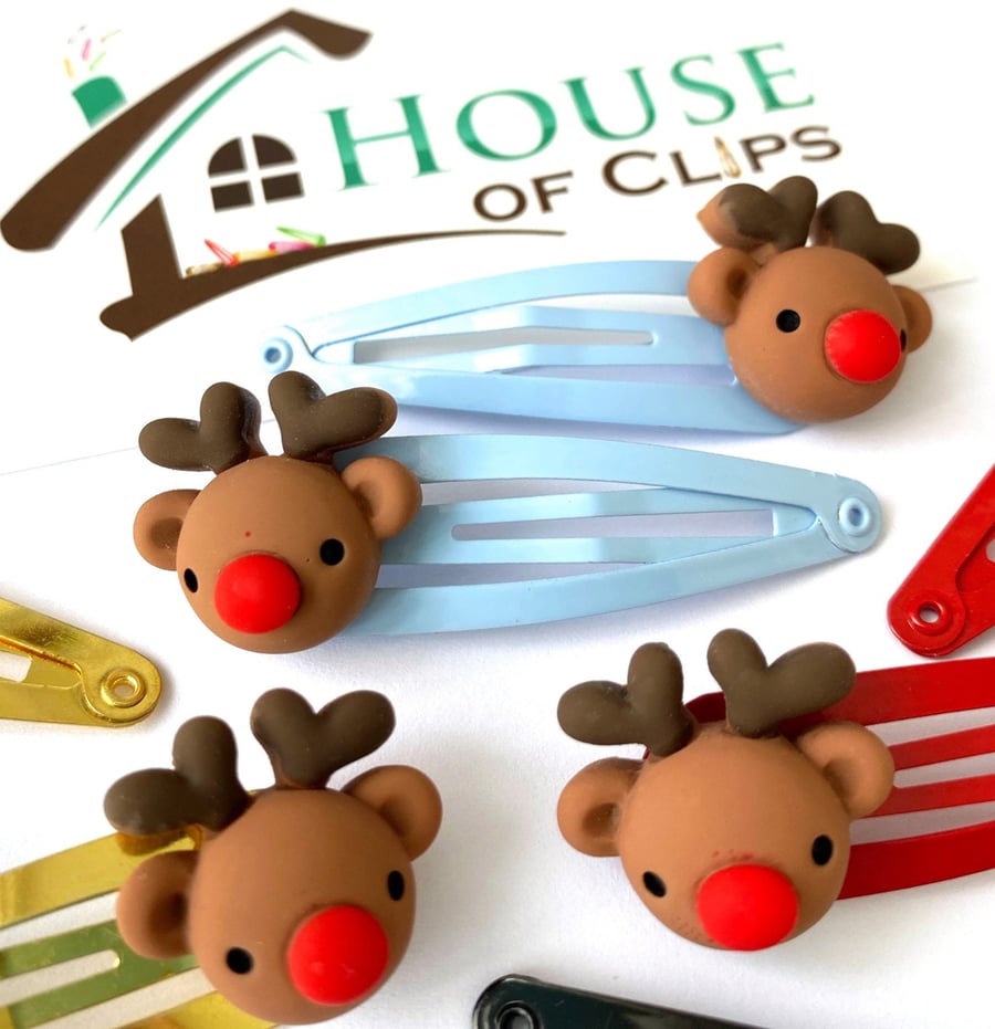 Rudolph Hair Clips x2 - Christmas Reindeer Hair Clips - Xmas Hair Clips - Xmas G