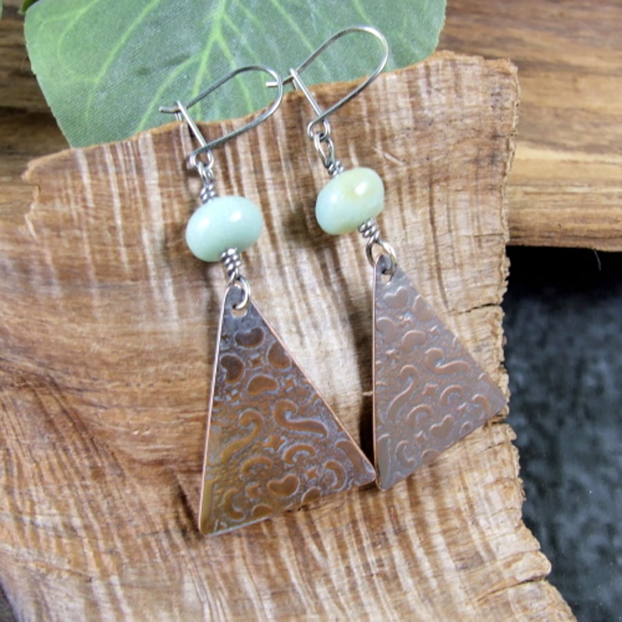 Earrings, Sterling Silver, Copper and Amazonite Triangle Droppers