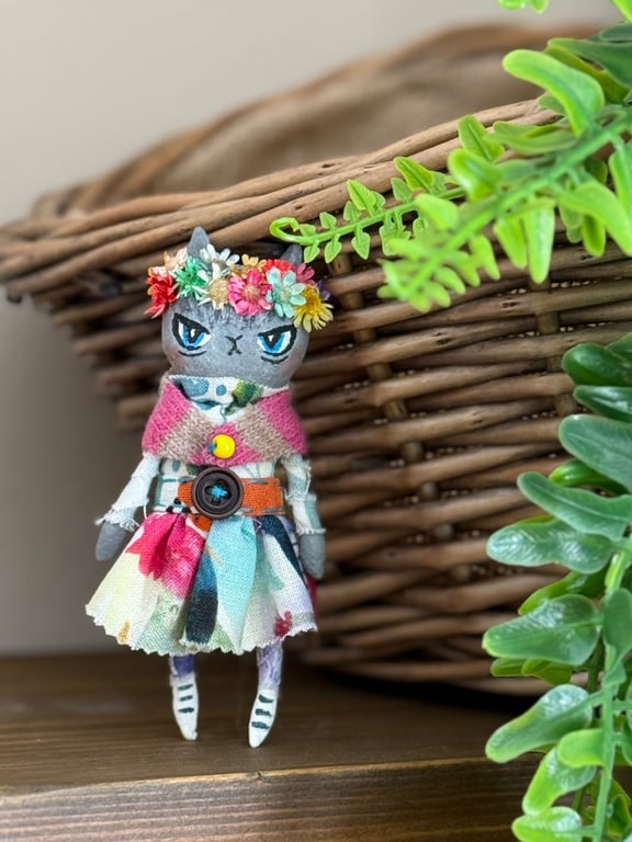 Frida Kahlo inspired Miniature Grey Cat Art Doll