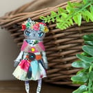 Frida Kahlo inspired Miniature Grey Cat Art Doll