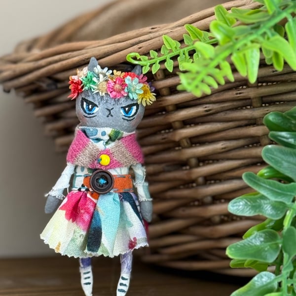 Frida Kahlo inspired Miniature Grey Cat Art Doll