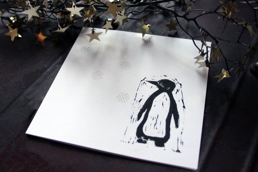 Linoprint Penguin Christmas Card