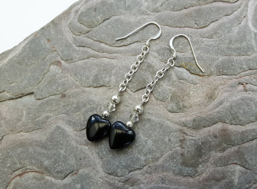 Silver drop earrings with Onyx hearts