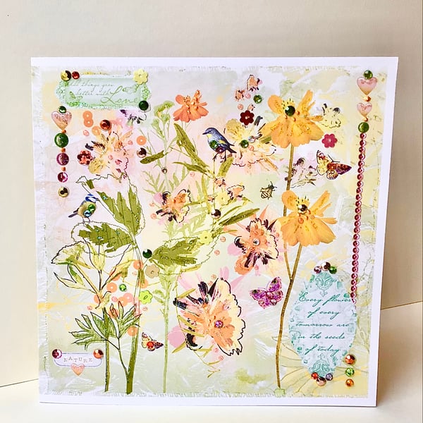 Greeting Card,Printed Collage Design Handfinished,Nature,Outdoors,Garden