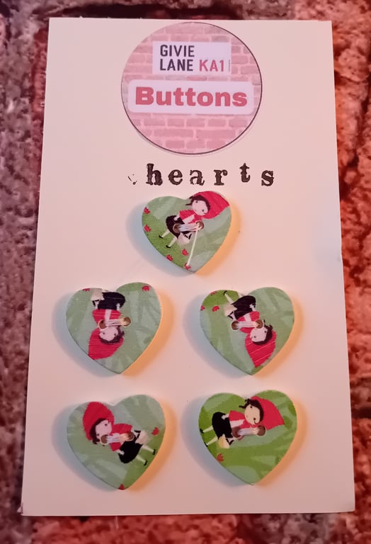 Set of Five Heart Buttons – Red Riding Hood Character Design