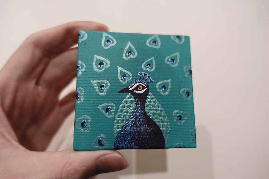 Peacock Miniature Painting - metallic bird art on mini canvas with easel