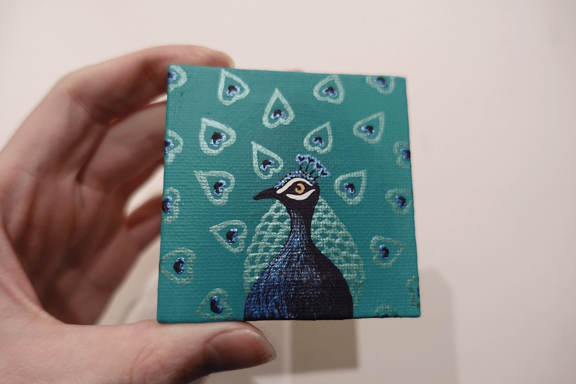 Peacock Miniature Painting - metallic bird art on mini canvas with easel