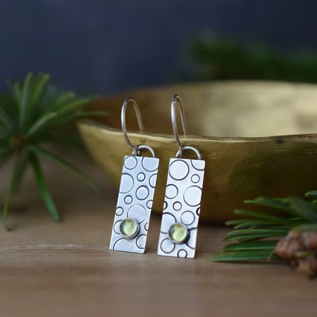 Rectangular Silver Earrings with Peridot Stones