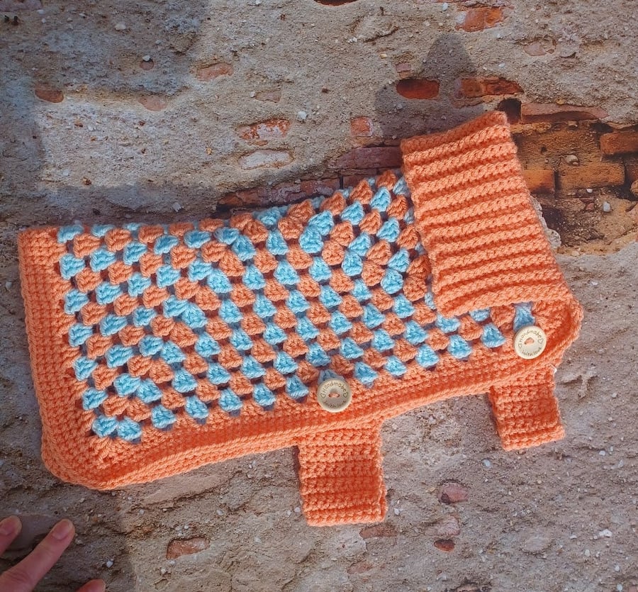 Small dog coat, orange blue granny square crochet pet jacket