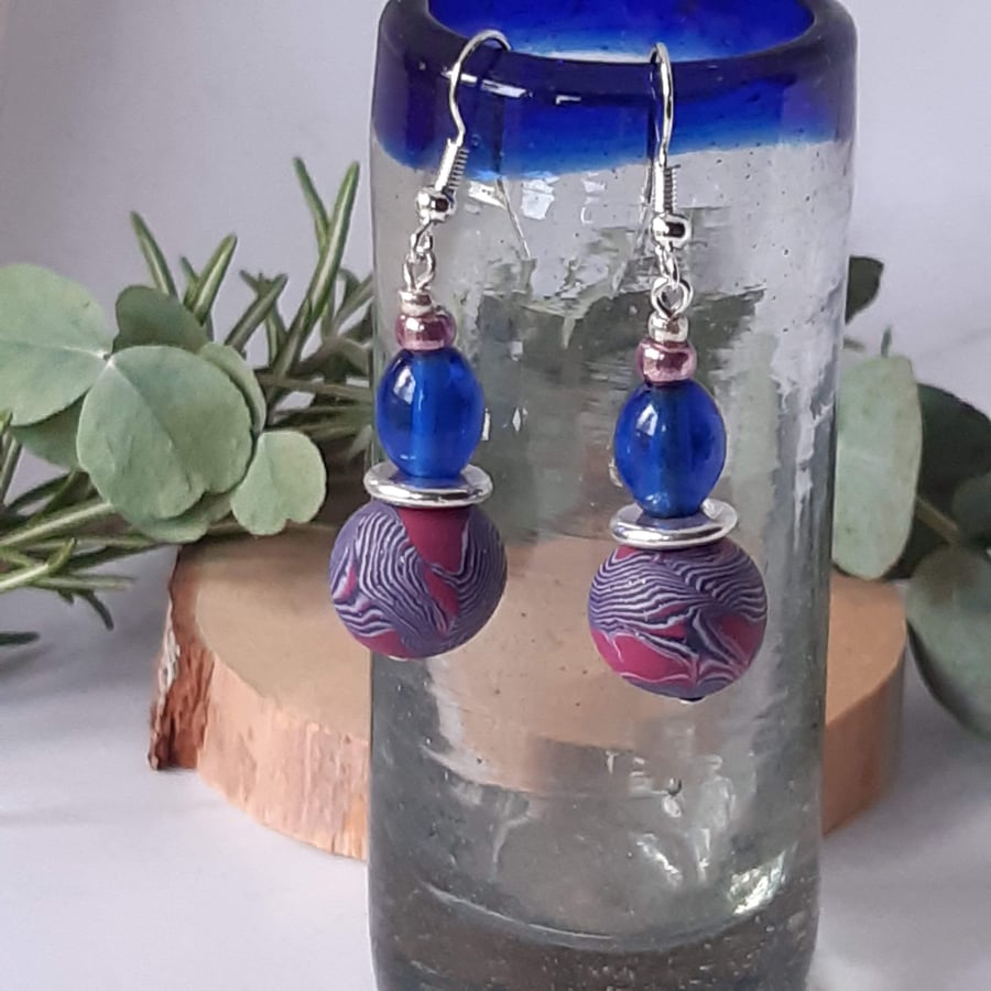  Dark magenta and navy dangly earrings 
