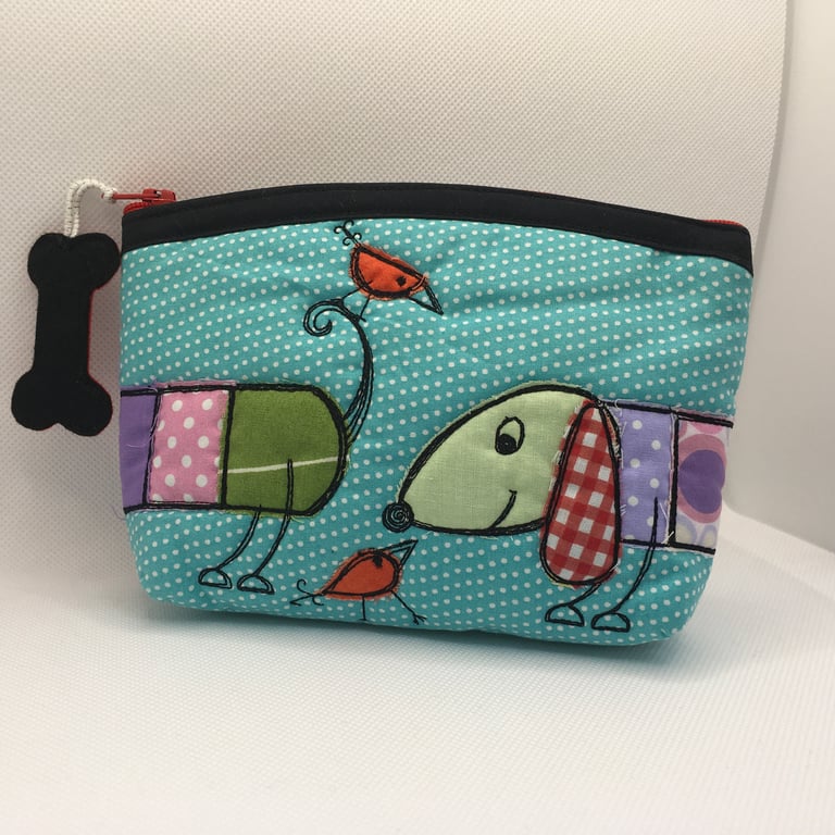 Handy Zipped Pouch, Novelty Hot Dog Design in Applique’. Gift for a Dog Lover.