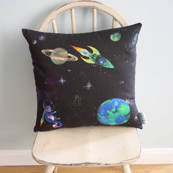 Cats in Space Cushion - "Apawllo-7" in 100% cotton